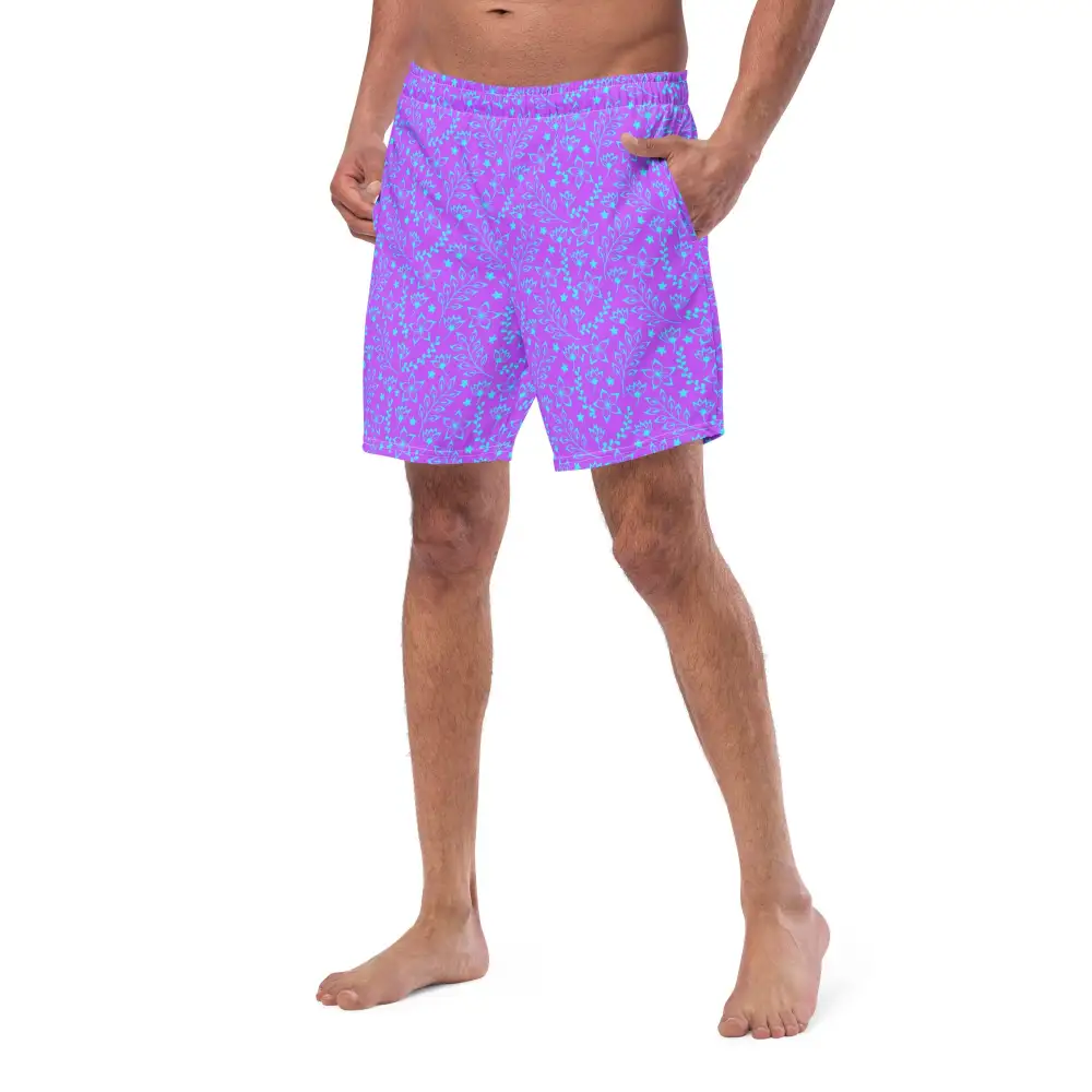 Elastic Waist Drawcord Floral Print Swim Trunks