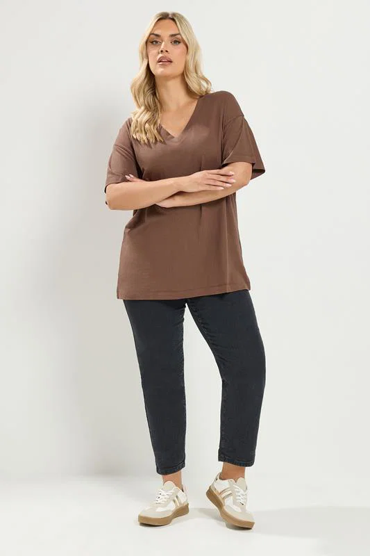Chocolate Brown V-Neck Longline T-Shirt detail 1