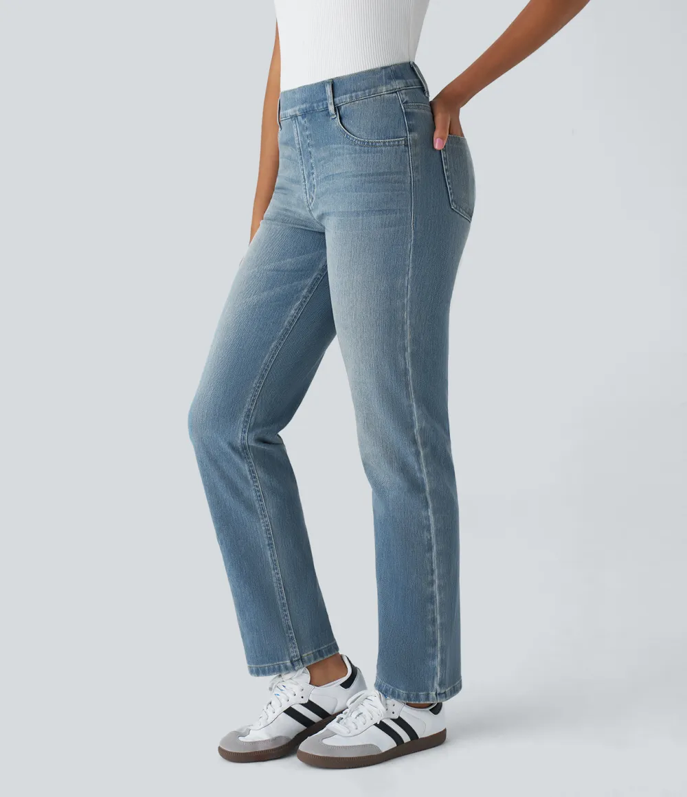 Magic High Waisted Multiple Pockets Straight Leg Washed Stretchy Knit Casual Jeans