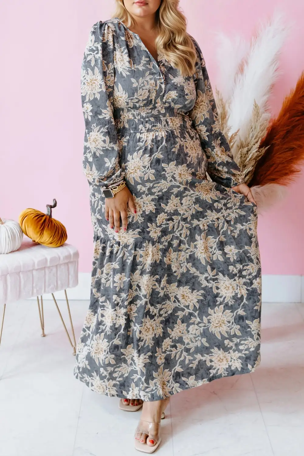 Plus Fit Floral Print Split Neck Shirred High Waist Long Sleeve Maxi Dress