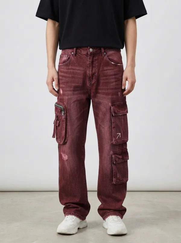 Men's Streetwear Arrow Logo Distressed Denim Cargo Jeans