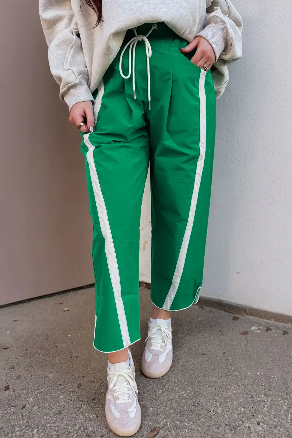 Contrast Striped Smocked Waist Drawstring Cropped Casual Trousers