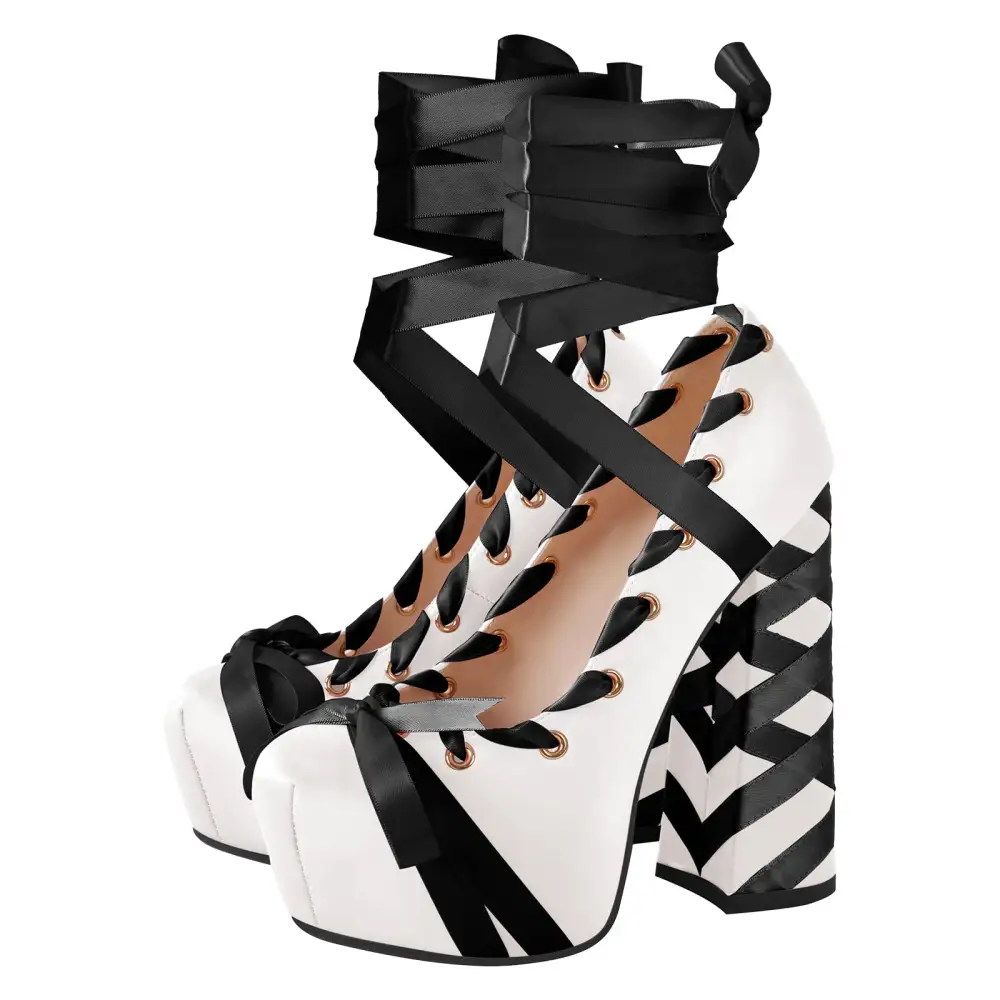 Bow Accent Pointed Toe Platform Chunky Heel Lace Up Pumps