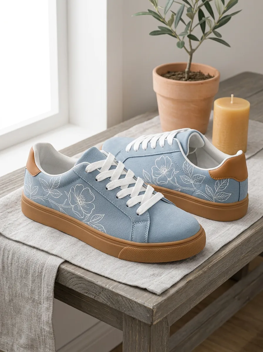 Women's Floral Lover Blue Botanical Line Art Printed Sneakers