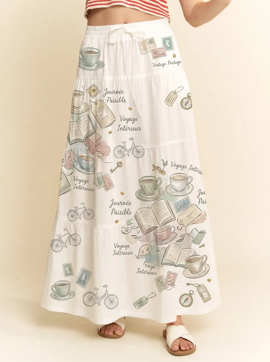 Women's Vintage Travel Coffee Book Printed Maxi Skirt