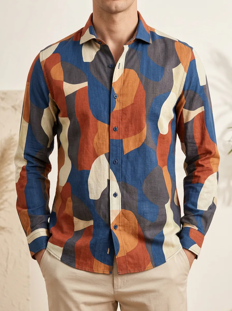 Men's Long Sleeve Shirt Featuring Geometric Artwork