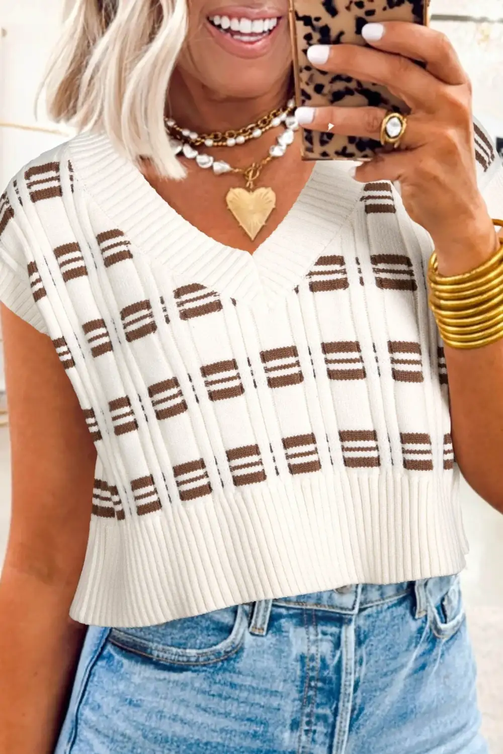 Geometric V Neck Cropped Sweater Vest