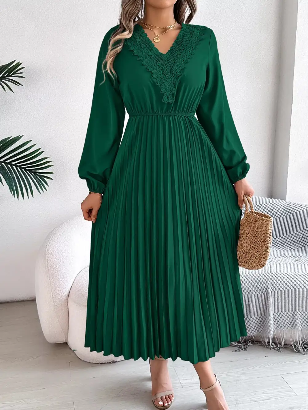 Lace V Neck Pleated Dress Casual