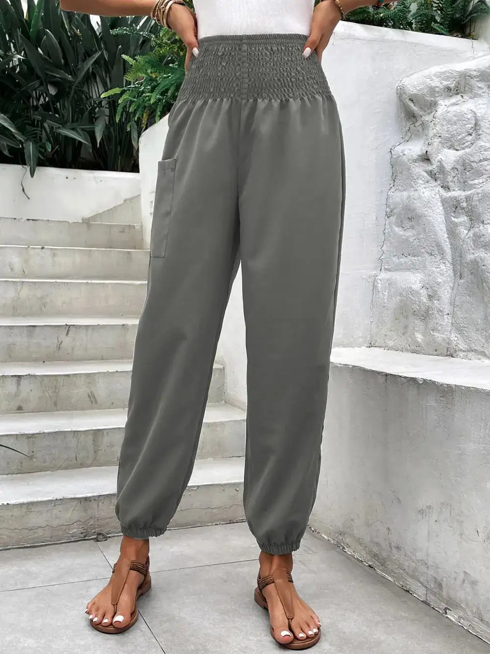 Jogger High Waist Smocked Waist Pocketed Pants