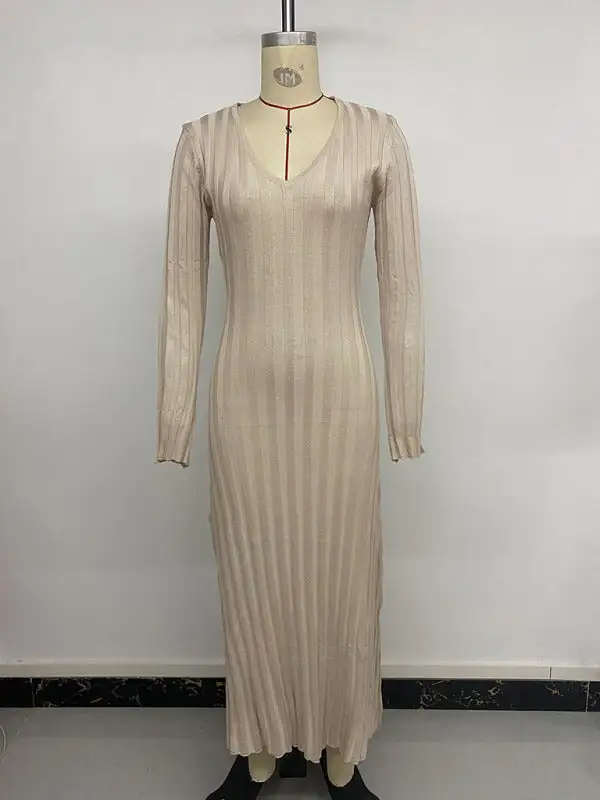 Knit V Neck Long Sleeve Sweater Dress