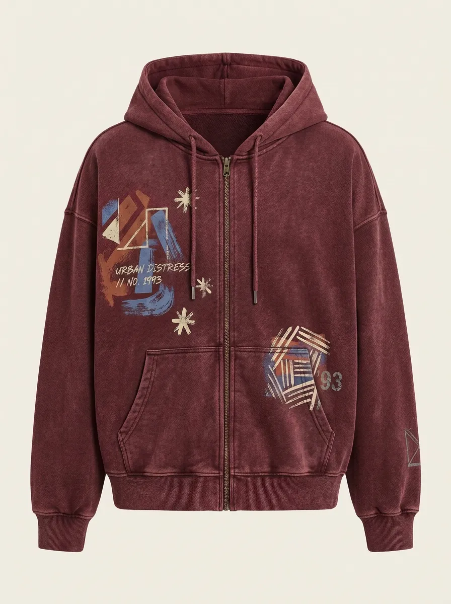 Women's Streetwear Urban Distress 1993 Graphic Printed Zip-up Hoodie