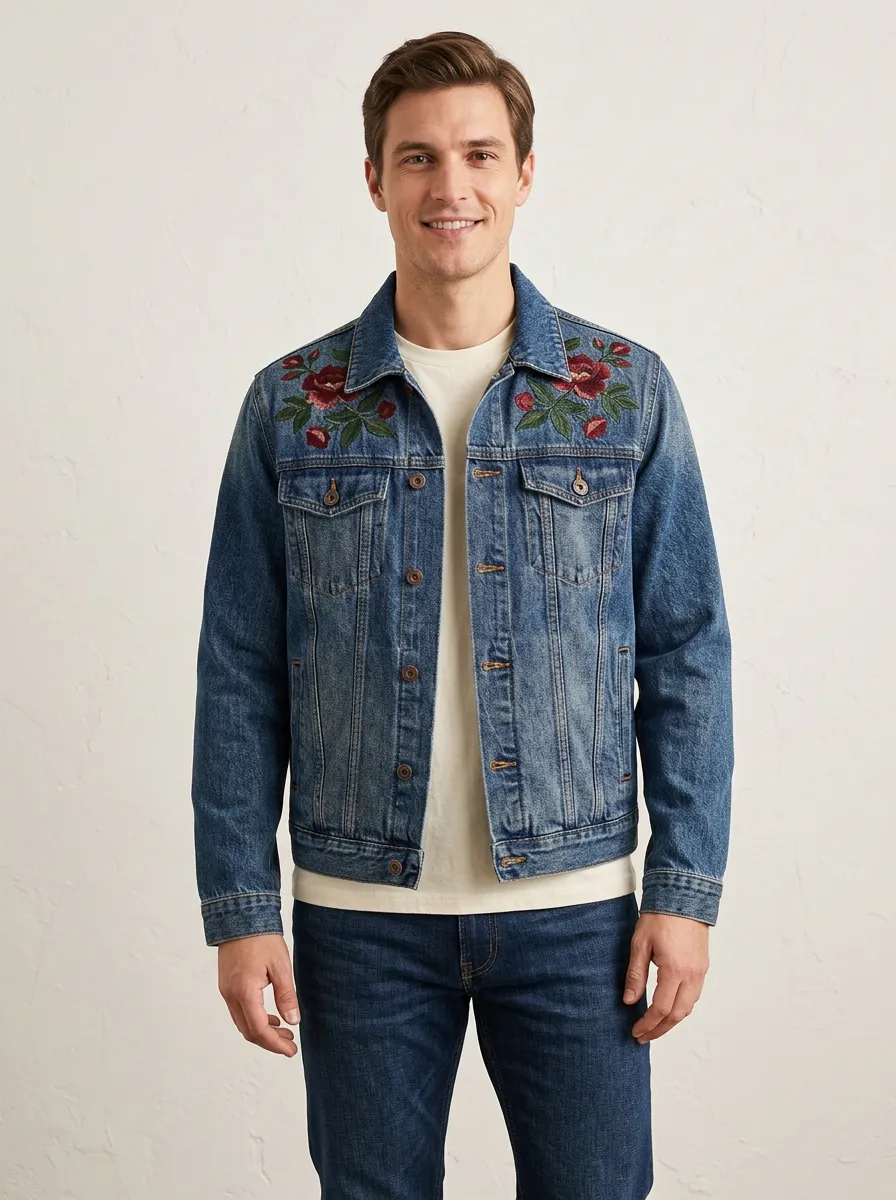 Men's Embroidered Floral Denim Jacket