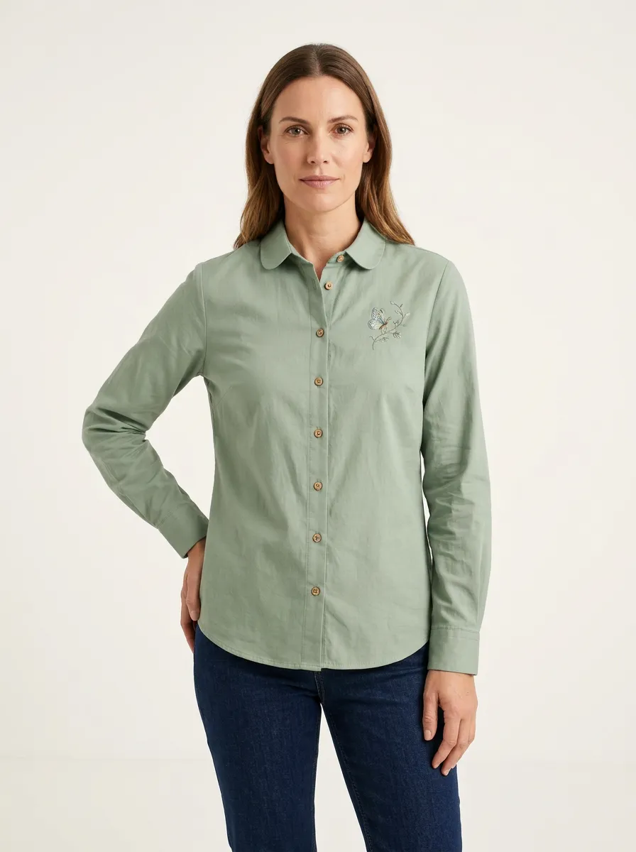 Women's Butterfly Floral Embroidered Button-Front Shirt