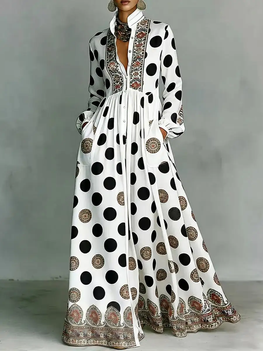 Pleated Polka Dot Buttoned Long Maxi Dress