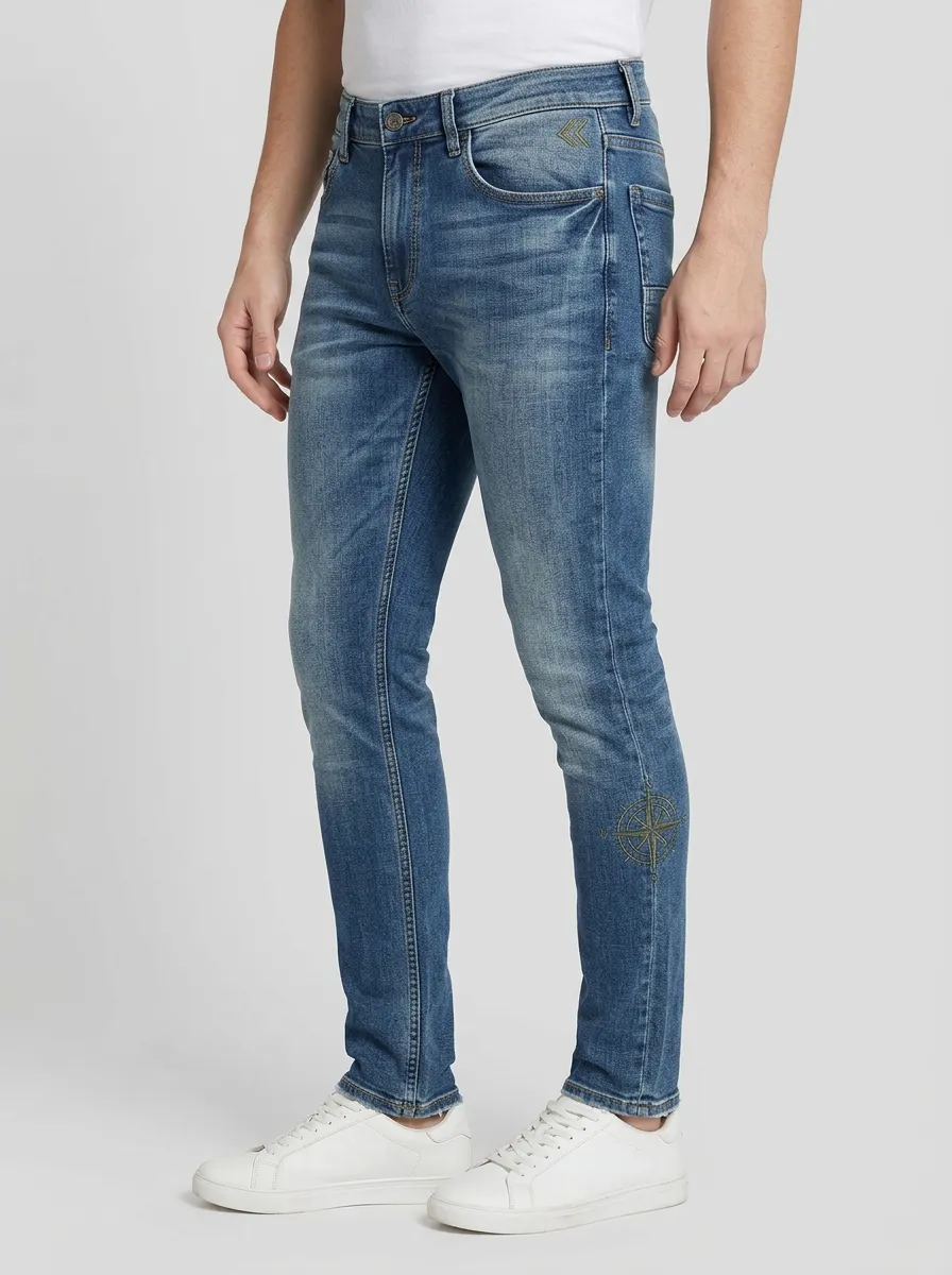 Men's Compass Graphic Embroidered Slim-Fit Jeans