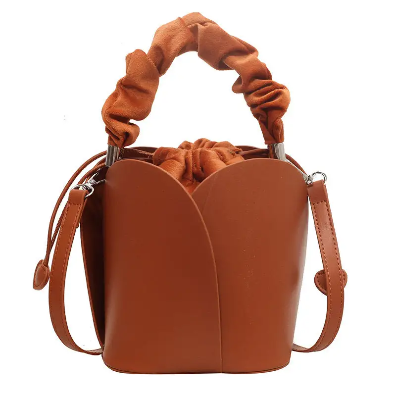 Faux Leather Pleated Drawstring Bucket Bag