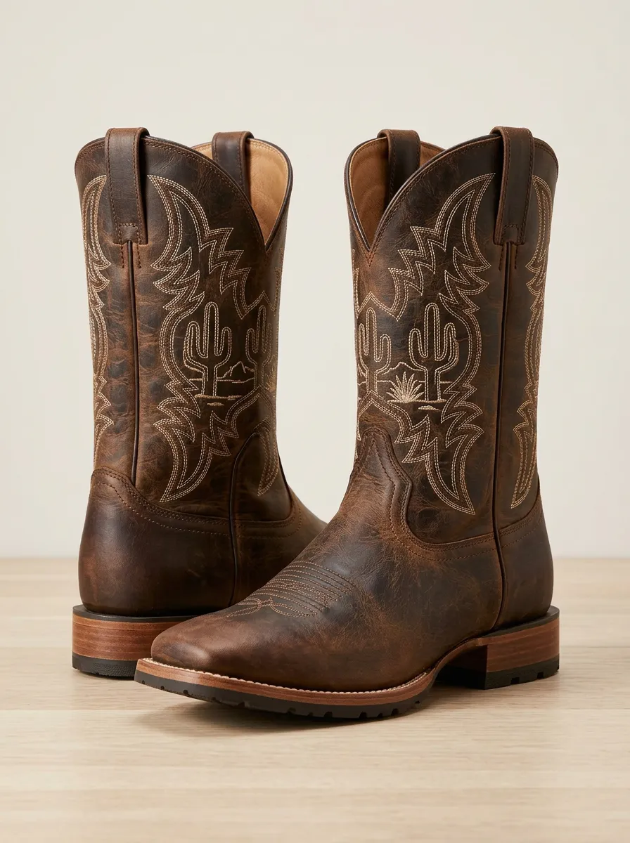 Open-Range Cactus Embroidered Pattern Men's Western Cowboy Boots