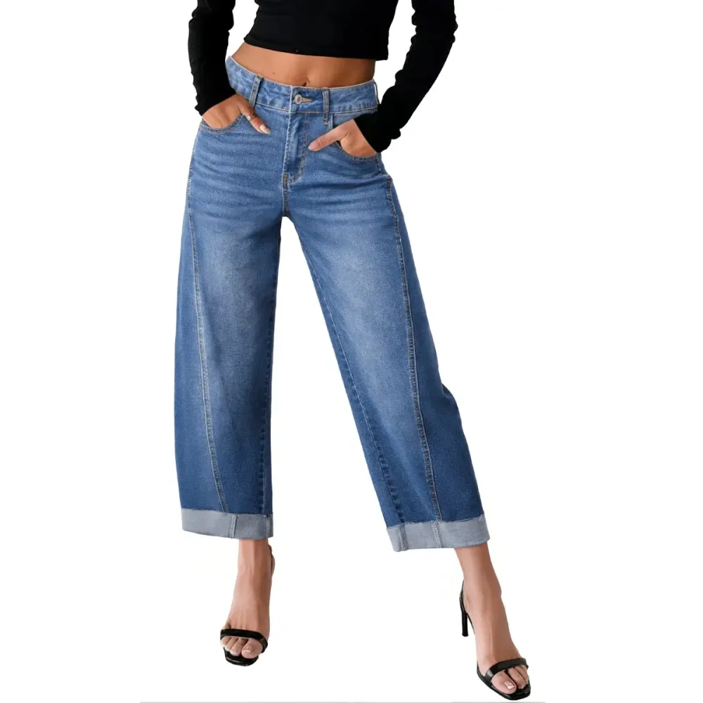 Women's High Waisted Wide Leg Cropped Denim Jeans