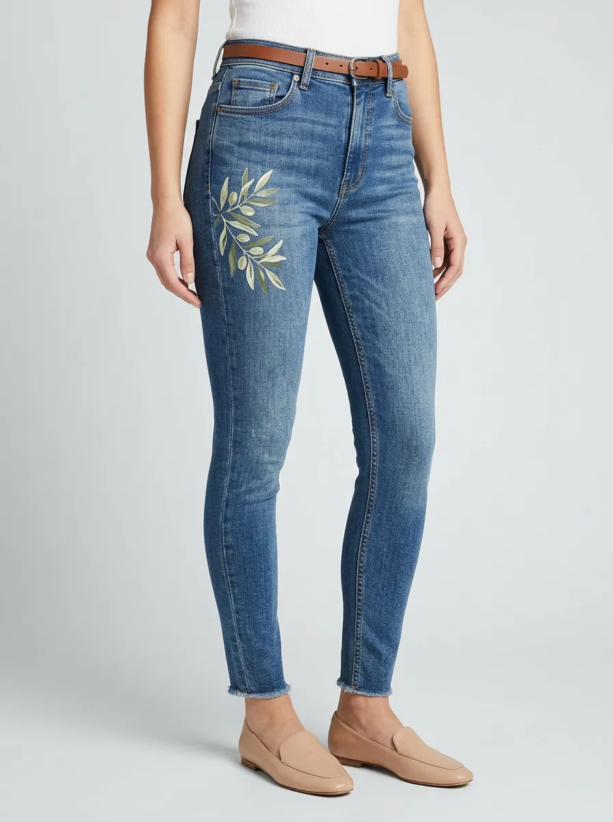 Women's Nature Olive Branch Printed Slim Jeans