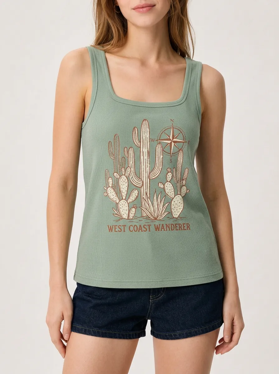 Women's West Coast Wanderer Cactus Compass Printed Tank Top