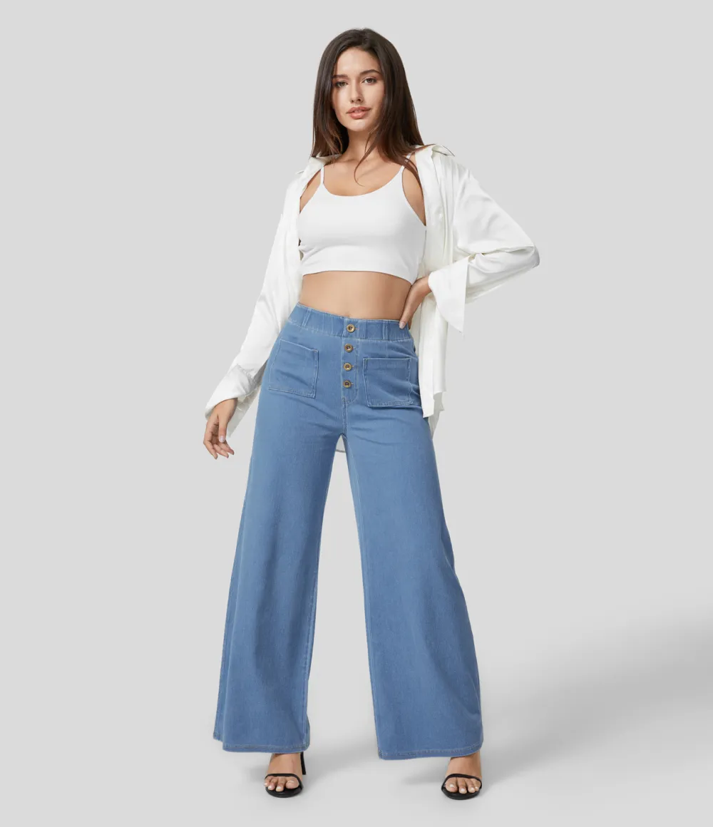 Magic High Waisted Button Multiple Pockets Washed Stretchy Knit Casual Wide Leg Full Length Jeans