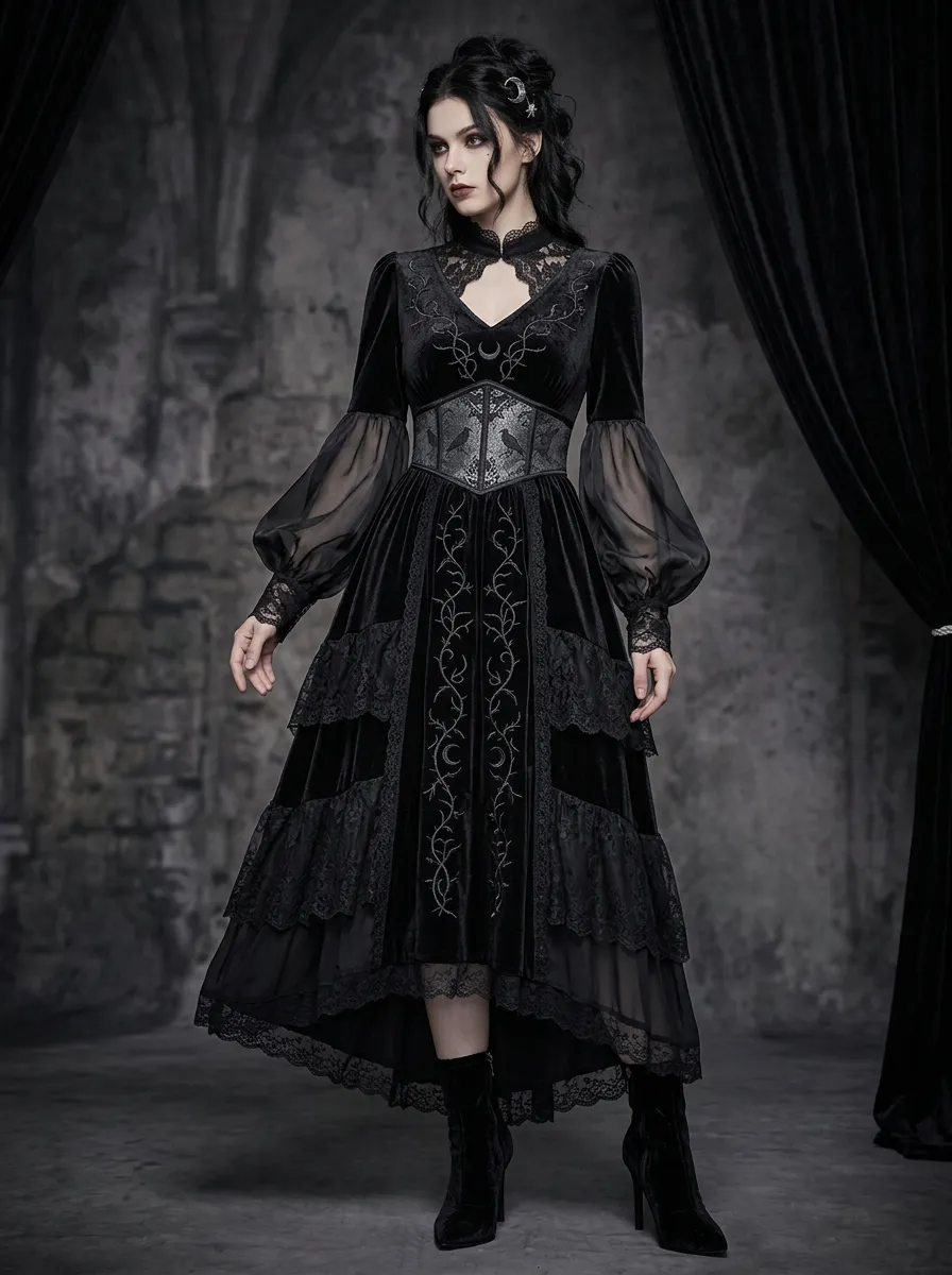Dark Romantic Moon Vine Velvet Gothic Edit Women's Gothic Dress