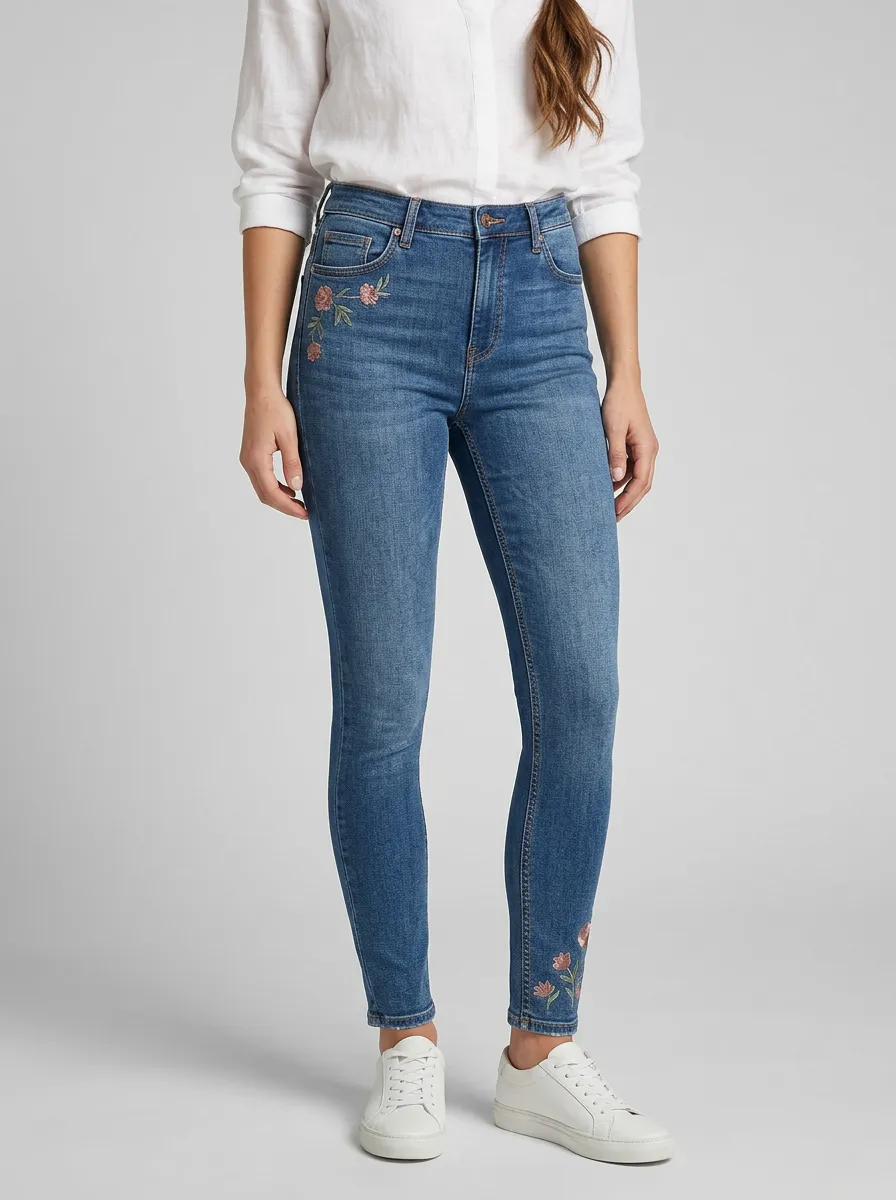 Women's Ridge Floral Pink Flower Embroidered Slim Jeans