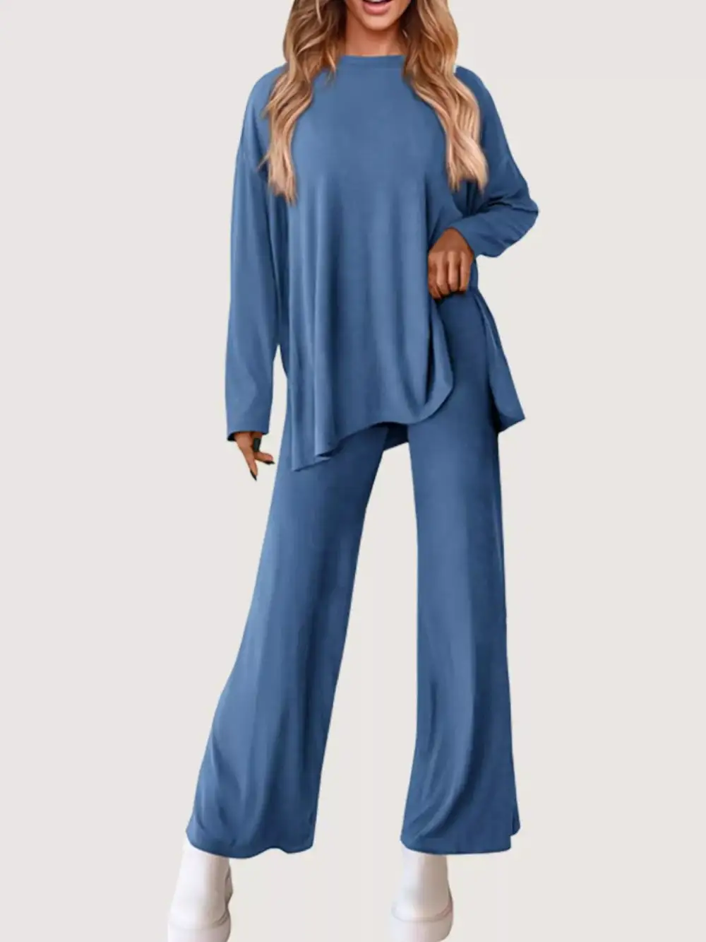 Casual Loose Long Sleeve Top and Wide Leg Pants Set