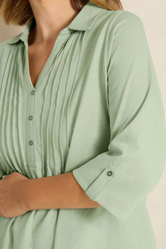 Sage Green Pintuck Henley Top detail 3