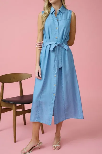 Collared Sleeveless Belted Chambray Midi Dress