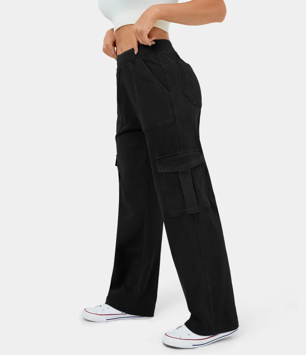 Magic Mid Rise Multiple Pockets Straight Leg Stretchy Knit Casual Cargo Jeans