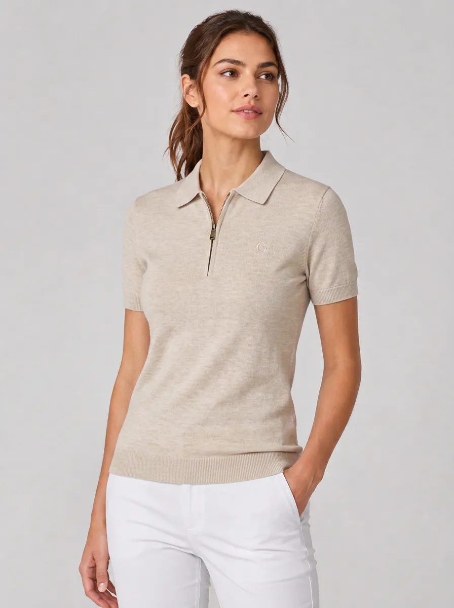 Women's Equestrian Lover Beige Zip-up Printed Polo Shirt
