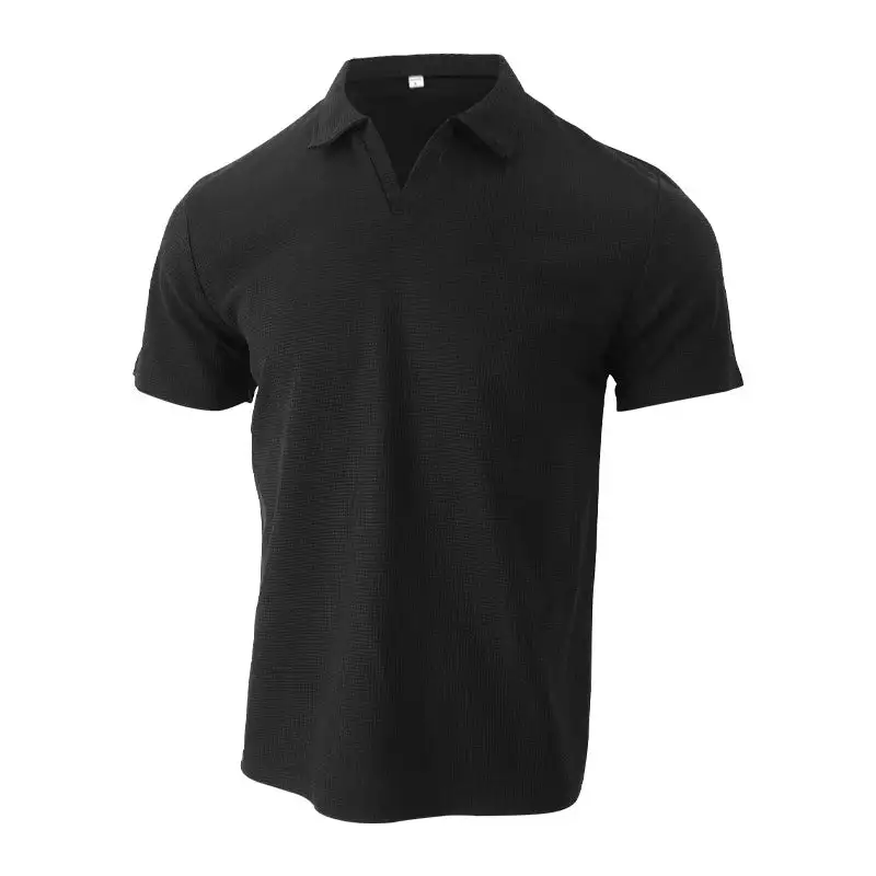 Waffle Texture Open V Neck Short Sleeve Jersey Polo Shirt