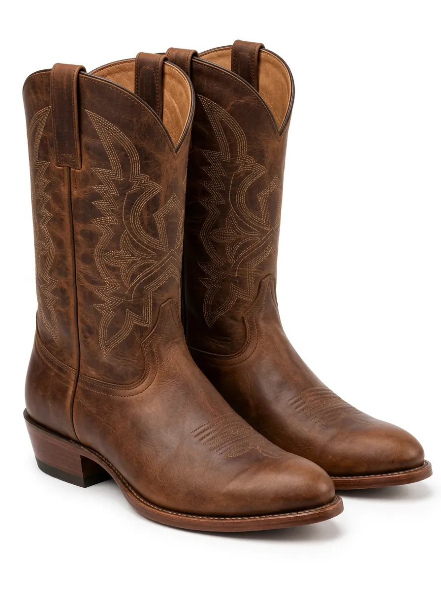 Men's Western Brown Boots with Ornamental Stitch Pattern