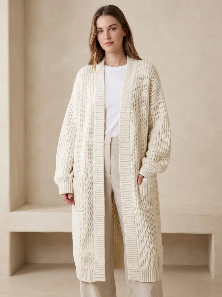 Women's Casual Minimalist Cream Ribbed Knit Open Front Cardigan