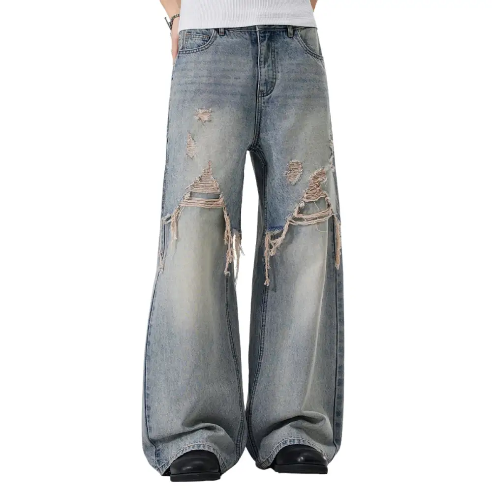 Wide Leg Baggy Distressed Denim Jeans