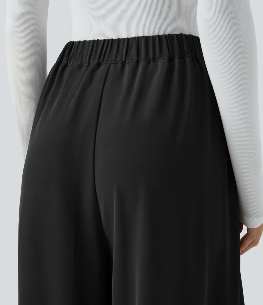 High Waisted Decorative Button Plicated Side Pocket Wide Leg Work Pants