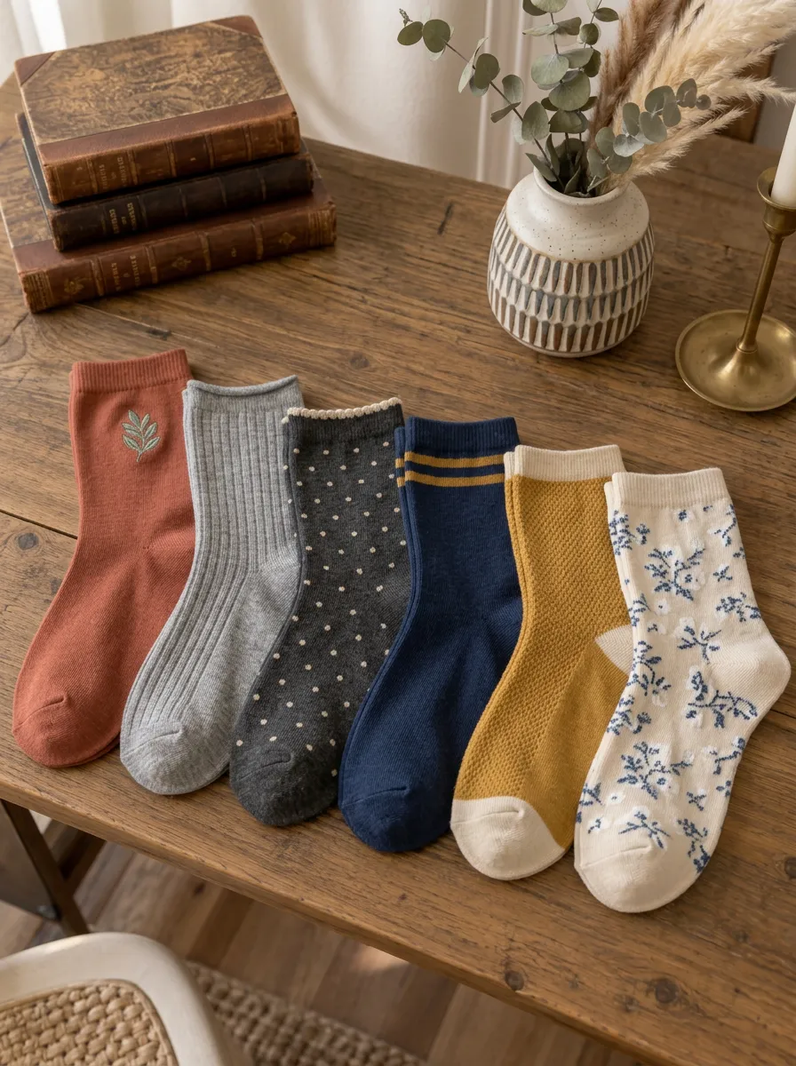 Women's Vintage Aesthetic Floral Polka Dot Printed Socks Set