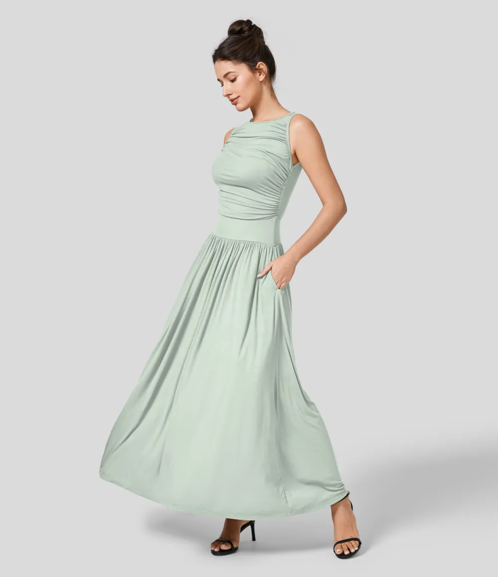 Ribbed Boat Neck Ruched Side Pocket Flowy Maxi Casual Dress