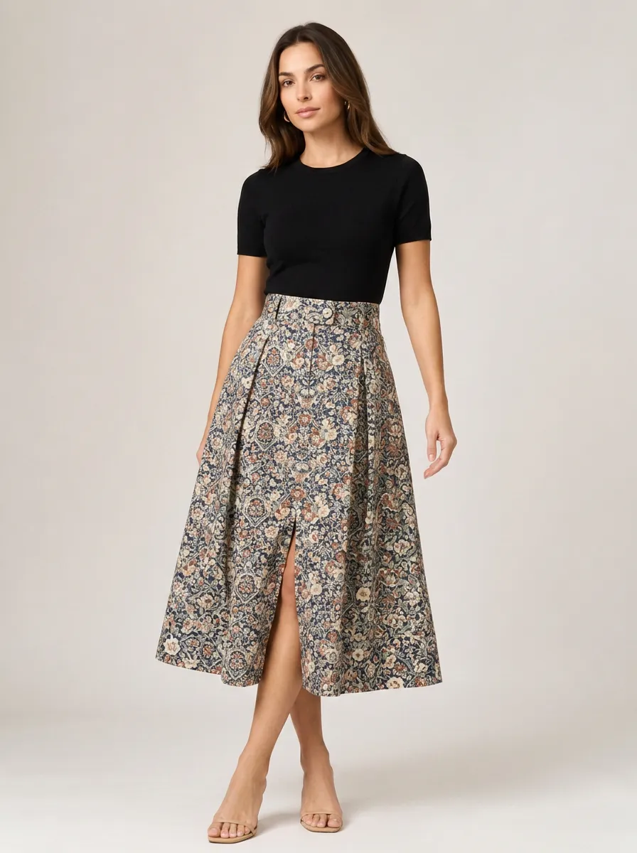 Women's Vintage Floral Pattern Pleated Printed Midi Skirt