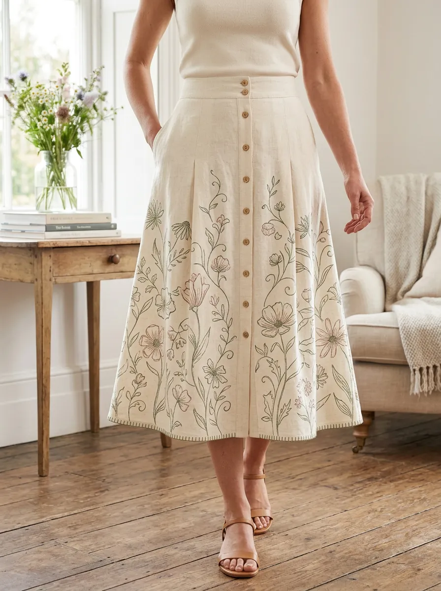 Women's Botanical Garden Lover Floral Line Art Printed Midi Skirt