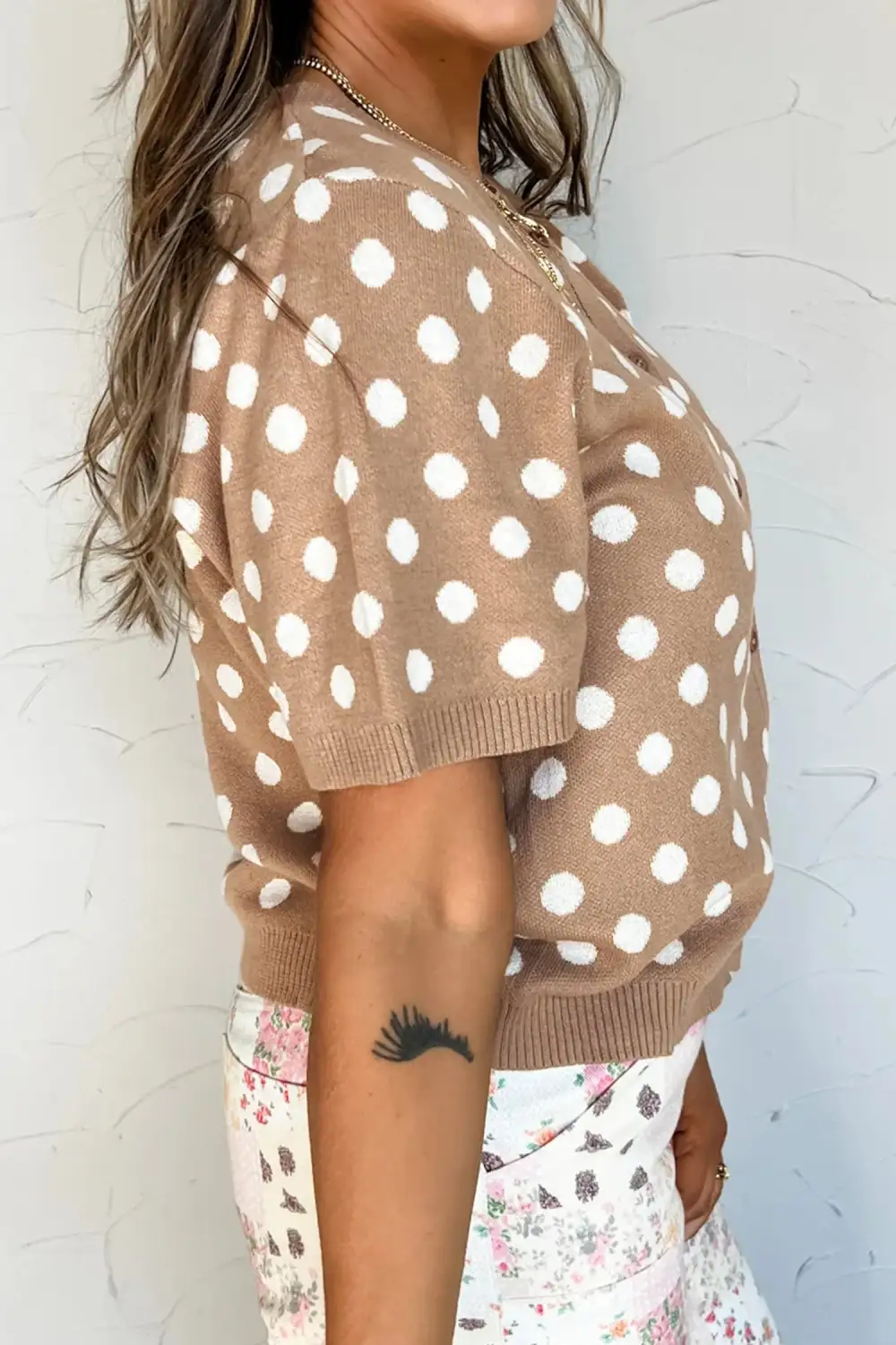 Polka Dot Button Front Short Sleeve Cardigan