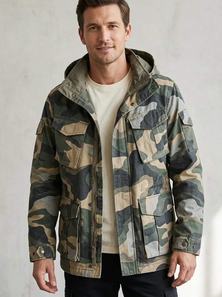 Men's Military Inspired Camo Hooded Utility Jacket