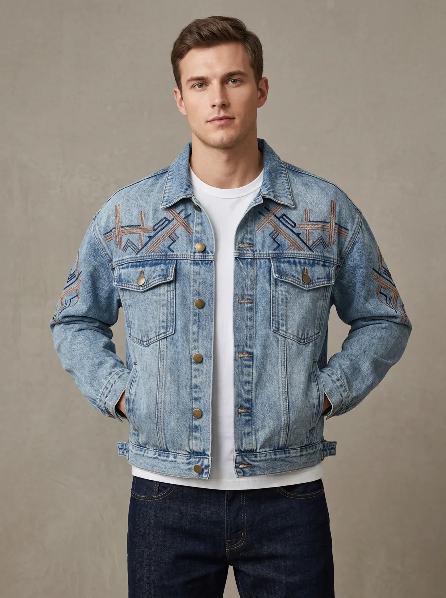 Men's Embroidered Geometric Printed Denim Jacket
