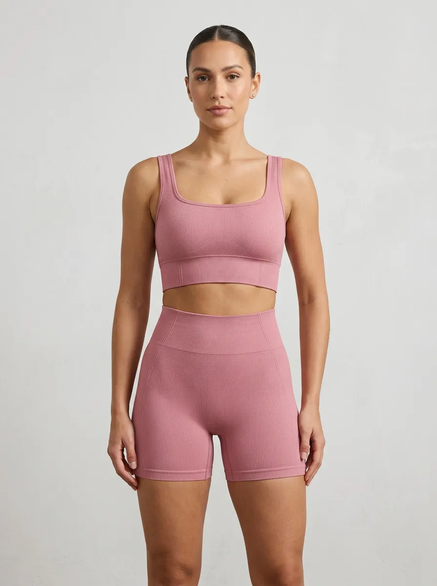 Easy-Wear Ribbed Texture Seamless Design Activewear Women's Tank Top And Sports Shorts Set