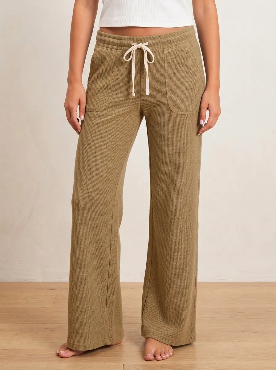 Women's Casual Lounge Waffle Knit Drawstring Wide Leg Pants