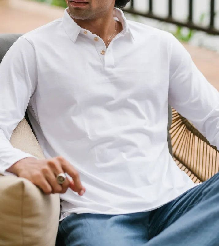 White Long Sleeve Cotton Polo Shirt