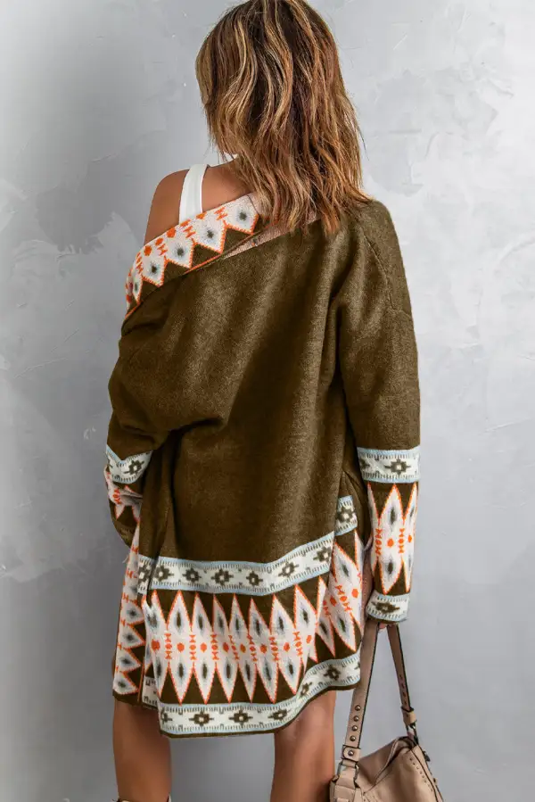 Aztec Print Open Front Knit Textured Knit Cardigan