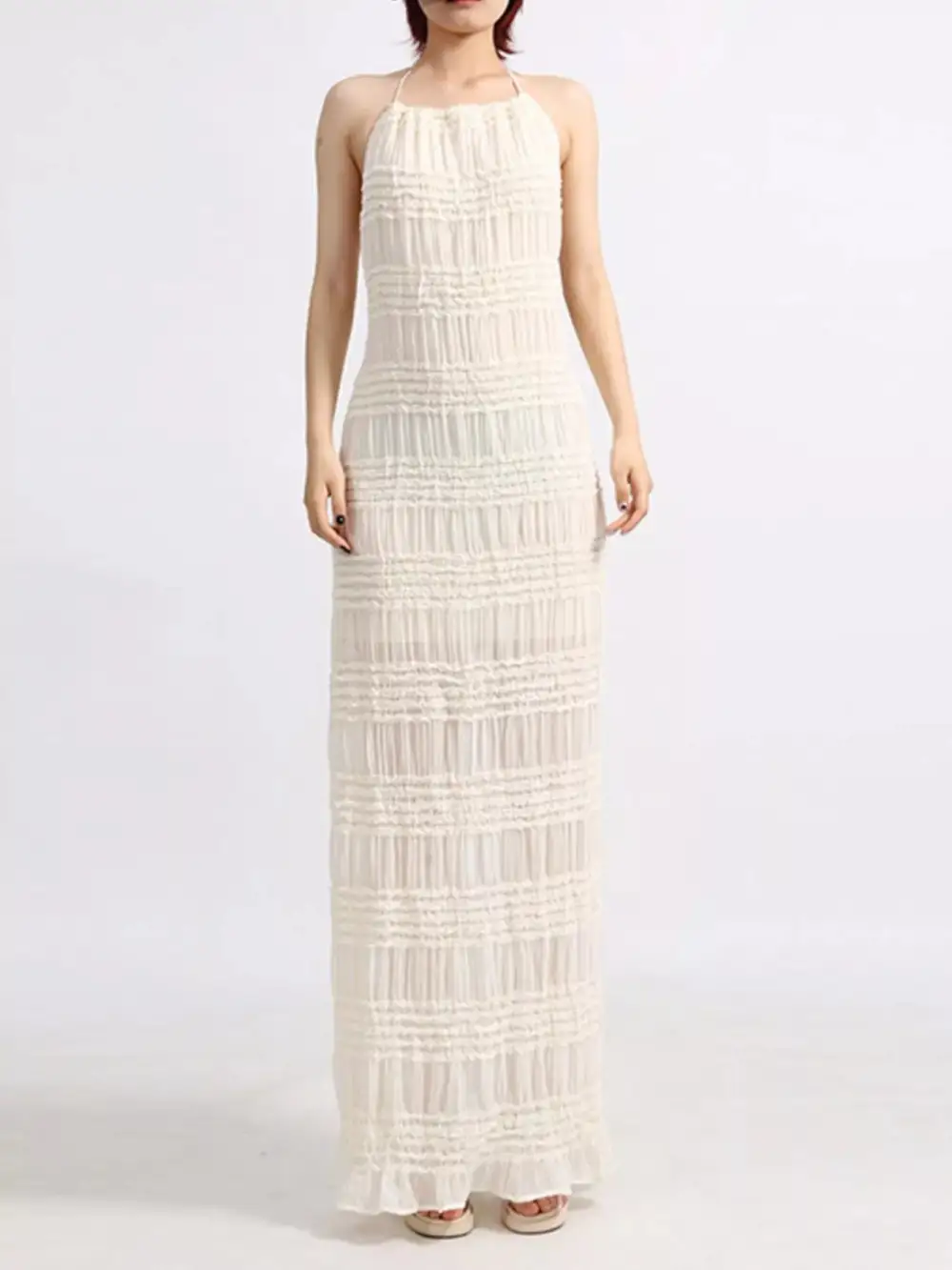 Backless Halter Neck Ruched Maxi Dress