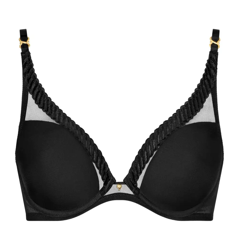 Women's Underwire Spacer Molded Embroidery Mesh Triangle Sheer Detail Deep Neckline Bra